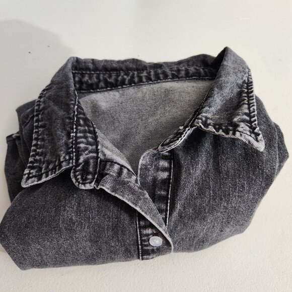 Denim Dress Sleeveless Gray Acid Wash Denim Button-Up Tunic Tiered Skirt Design - Picture 11 of 13